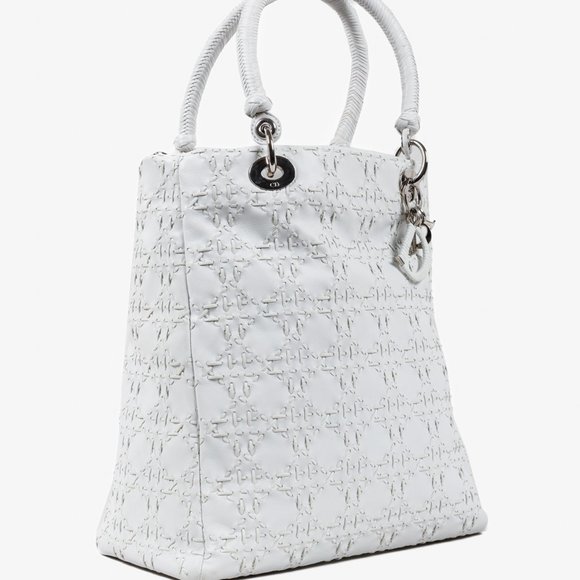 Christian Dior White Lambskin Stitched Woven Lady Dior Tote - Picture 2 of 11